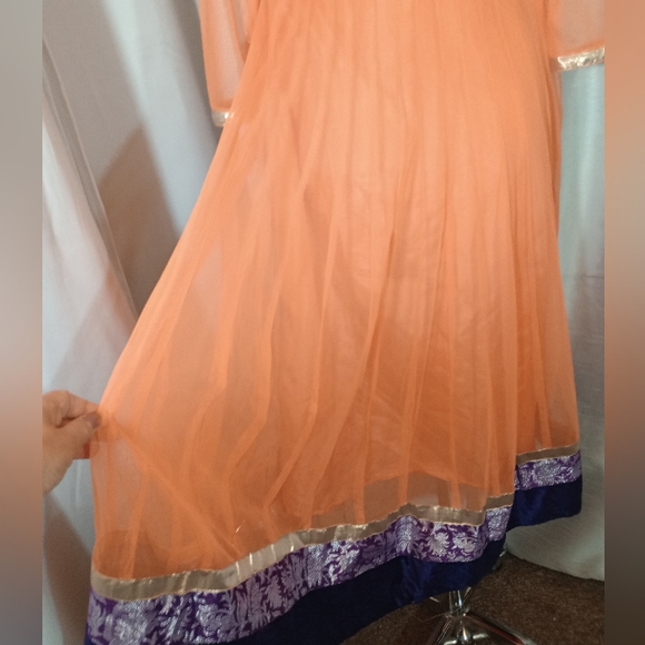 Halloween  Beaded Indian Maxi Dress, Orange, Purple floral, gold satin trim, L - Picture 9 of 12